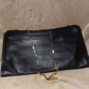 Elegant Black Leather Clutch with Gold Chain
